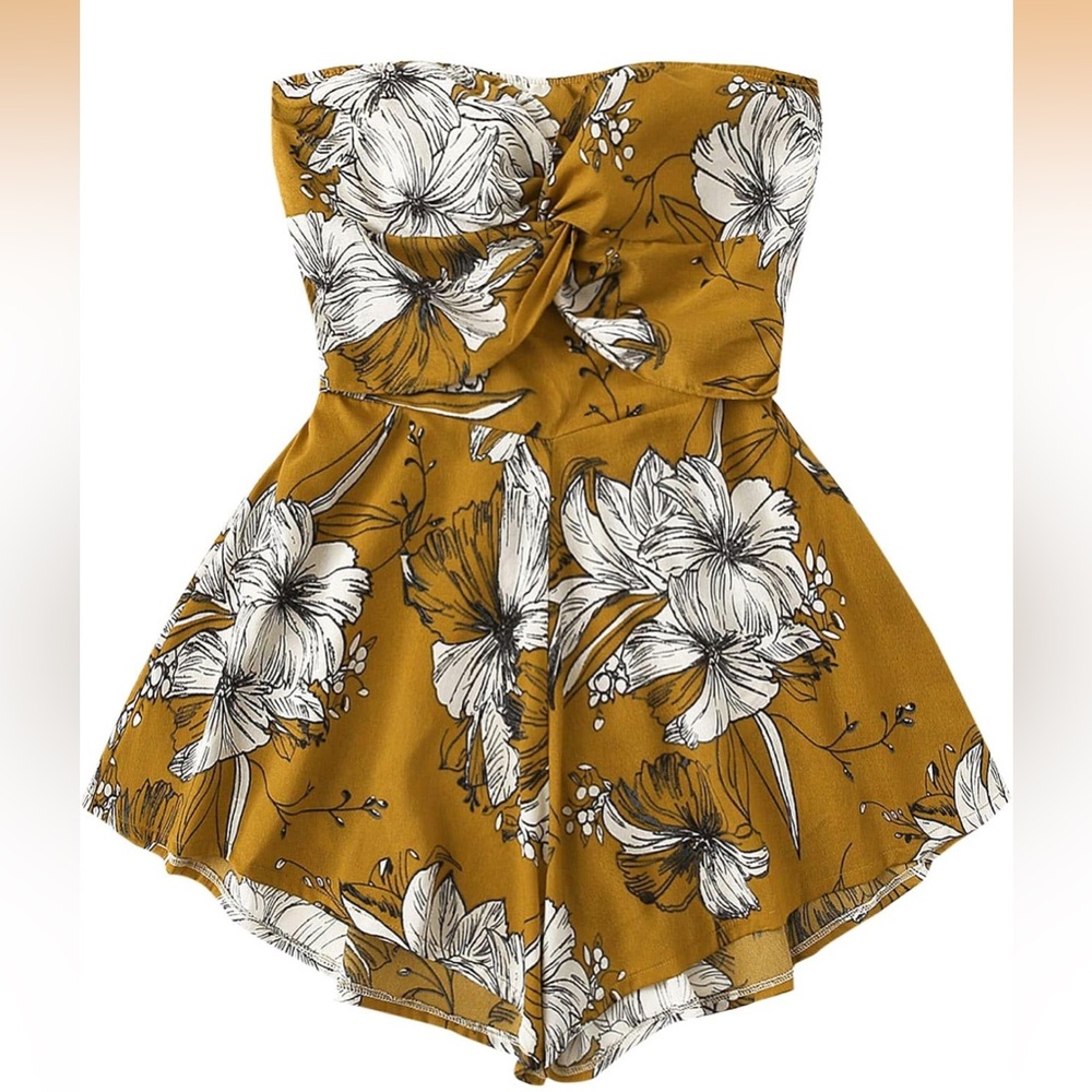 Mustard Floral Romper with White Black Sketch Flowers